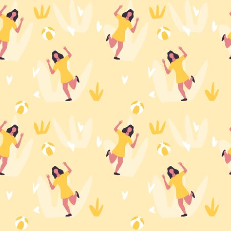 Girl playing with ball vector flat seamless pattern. Active recreation, healthy lifestyle, pilates, fitness design element.のイラスト素材