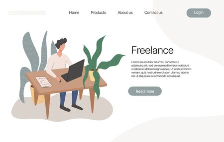 Freelance landing page template.Man sitting in comfortable chair at desk and working on computer in quarantine flat illustration. Freelance worker, self employed, coworking space website concept.のイラスト素材