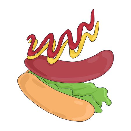 American hot dog vector cartoon illustration. Bright fast food with bun, sausage, leaves lettuce, ketchup, and mustard. Tasty food concept for cafe, restaurant, menu design.のイラスト素材