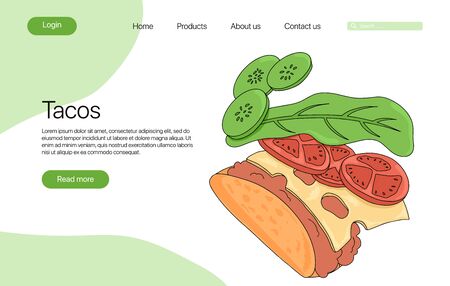 Taco vector cartoon landing page template. Hand drawn traditional Mexican fast food with tortilla, leaves lettuce, cheese, tomato, forcemeat, sauce.のイラスト素材