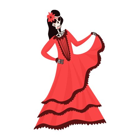 Dia de Los Muertos, traditional Mexican Halloween vector flat cartoon illustration. Day of the dead decoration. Happy smiling skeleton female character in traditional Mexican dress.のイラスト素材