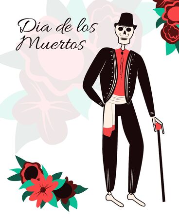 Dia de Los Muertos, traditional Mexican Halloween vector flat cartoon card concept with text. Day of the dead decoration. Happy skeleton male character with the guitar in traditional Mexican suit.のイラスト素材