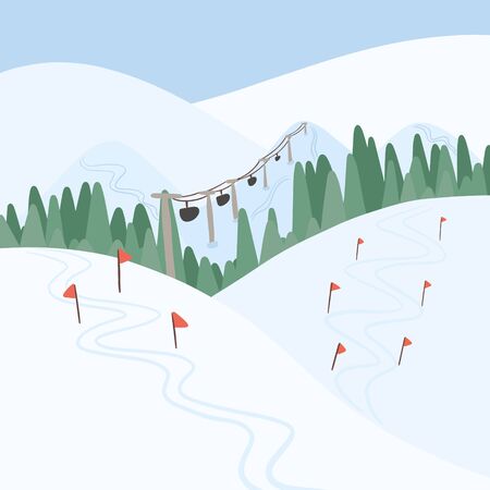 Winter ski resort landscape vector flat concept. Alps, fir trees, ski lift, mountains wide panoramic background. Mountaineering adventure.のイラスト素材