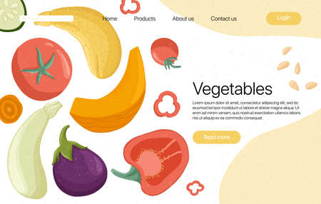 vegetables landing page template with text space. Tomatoes, peppers, pumpkin, zucchini, eggplant cartoon illustration. Healthy organic vegetable slices and leaves web page design.のイラスト素材