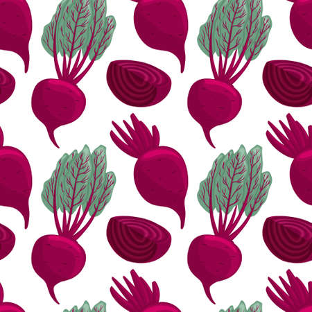 beetroot seamless pattern in cartoon style. Healthy organic beets with leaves and beetroot slices.のイラスト素材