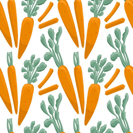 carrot pattern in cartoon style. Healthy organic carrots with leaves and slices.