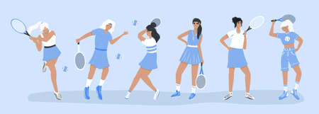 Set of cute tennis players. Women in sport clothes playing big tennis with tennis racket flat cartoon illustration. Female sport characters for sport club, fitness, social media design.のイラスト素材