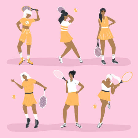 Set of cute tennis players. Women in sport clothes playing big tennis with tennis racket flat cartoon illustration. Female sport characters for sport club, fitness, social media design.のイラスト素材