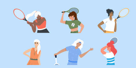 Set of cute tennis players. Women in sport clothes playing big tennis with tennis racket flat cartoon illustration. Female sport characters for sport club, fitness, social media design.のイラスト素材