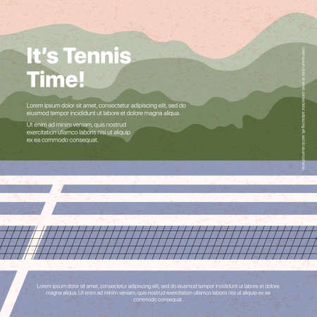 Tennis court flat illustration with text space and textures. Active lifestyle, tennis tourney or championship poster design. Big tennis tournament banner template for social media, cards, web.のイラスト素材