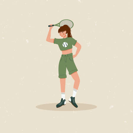 Woman playing big tennis flat illustration isolated on beige background. Cute tennis girl in sport clothes holding tennis racket. Active lifestyle, sportswoman concept.のイラスト素材