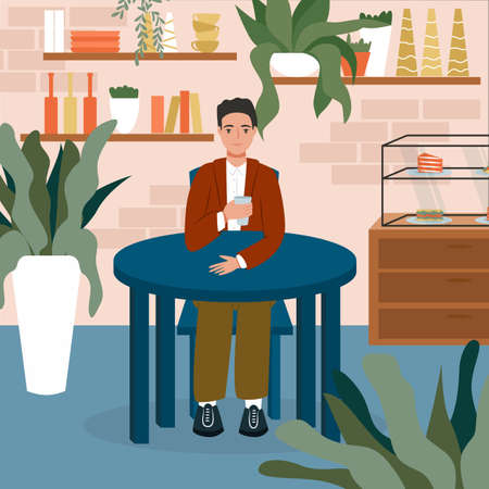 Young smiling man sitting at the cafe or restaurant and have a drink vector flat cartoon illustration.のイラスト素材