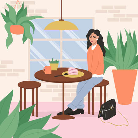 Happy smiling woman in cafe or restaurant vector flat illustration. Modern light cafe or restaurant interior designのイラスト素材