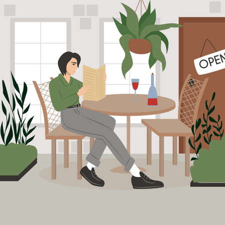 Young woman in modern clothes sitting at cafe or restaurant summer terrace vector flat cartoon illustration.のイラスト素材