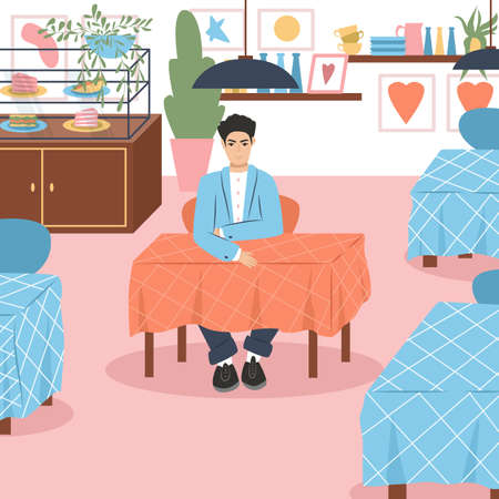 Young smiling man sitting at the cafe or restaurant and waiting order vector flat cartoon illustration.のイラスト素材