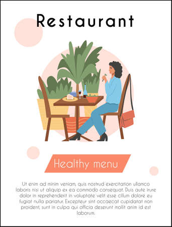 Young woman sitting at the cafe or restaurant and have a dinner vector flat cartoon card design with text.のイラスト素材