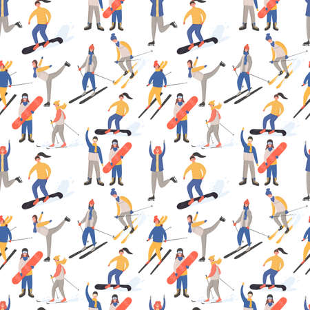 Winter sport activities vector flat cartoon seamless pattern. People in winter clothes doing winter activities.のイラスト素材