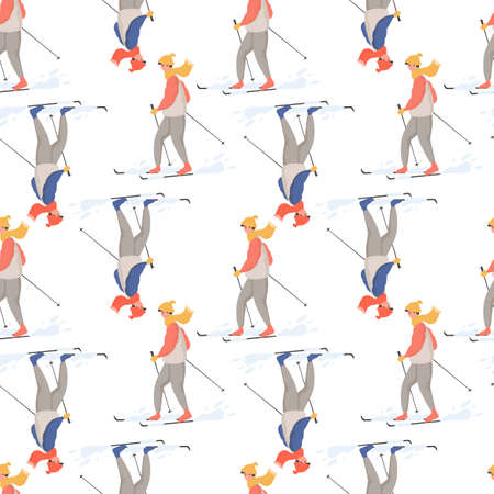 Winter sport activities vector flat cartoon seamless pattern. People in winter clothes doing winter activities.のイラスト素材