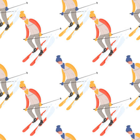 Winter sport activities vector flat cartoon seamless pattern. People in winter clothes doing winter activities.のイラスト素材