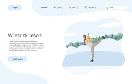 Ski resort landing page concept. Young happy girl riding on skates vector flat cartoon illustration.のイラスト素材