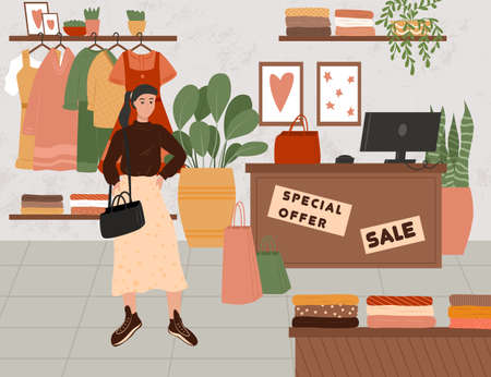 Fashion shop with female character vector flat cartoon illustration. Wardrobe store with clothes and accessories.のイラスト素材