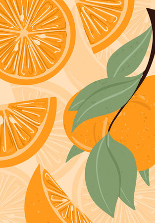 Fresh textured orange fruits on branch with leaves vector hand drawn card design.のイラスト素材