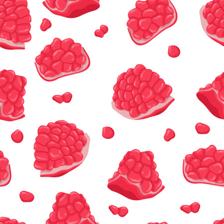 Pomegranate fruits and grains vector hand drawn seamless pattern. Fresh pomegranate slices and grains.のイラスト素材