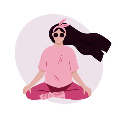 Woman meditating vector flat cartoon illustration. Healthy, active, and calm lifestyle, relaxing.のイラスト素材