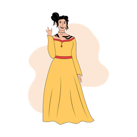 Happy smiling woman in yellow dress standing and showing rock sign vector flat cartoon illustration.のイラスト素材