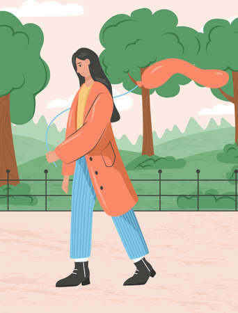 Woman walking in city park vector flat cartoon illustration. Female character spending time outdoor in urban park.のイラスト素材