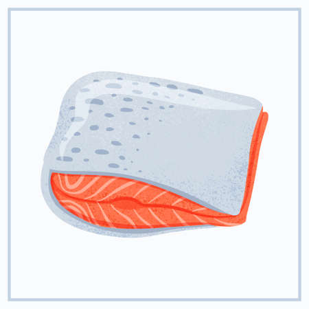 Fresh tasty salmon sea fish fillet vector hand drawn illustration isolated on light blue background.のイラスト素材