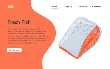 Fresh tasty salmon fillet, sea fish vector hand drawn landing page design with space for text.のイラスト素材