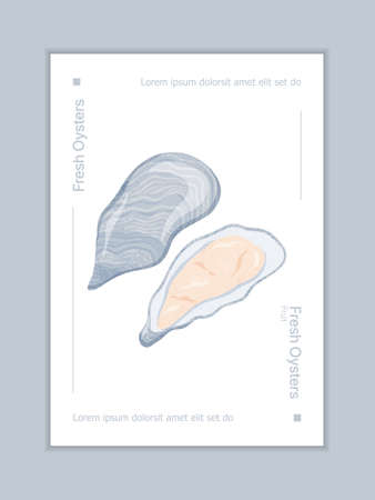Fresh tasty seafood clams, oysters in seashells vector hand drawn poster concept with space for text.のイラスト素材