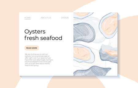 Fresh tasty seafood clams, shellfish in seashells vector hand drawn landing page design with text space.のイラスト素材