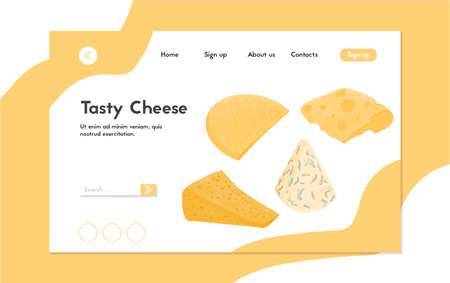 Swiss or French cheese vector flat landing page concept. Gouda, Parmesan, Brie, Roquefort or Maasdam cheese.のイラスト素材