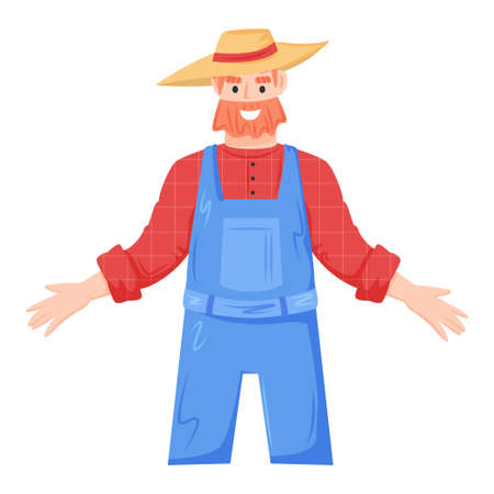 Man farmer standing. Young guy planting crops, gardening, working on farm, making local organic food. Vector illustration on white background.のイラスト素材