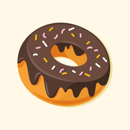 Chocolate donut vector cartoon illustration isolated on beige background. Brown glaze and colorful sprinkles. Tasty food for cafe, postcard, or web design.のイラスト素材
