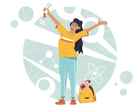 Happy girl standing and holding scroll with letter vector cartoon illustration. School bag with books and papers. Young woman is happy to enter the university. Scientist or student character design.のイラスト素材