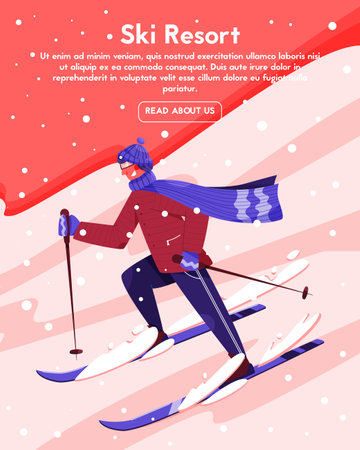 Sky resort vector flat banner template. Happy man in warm clothes skiing. Young sportsman riding downhill. Winter sport, hobby, activity outdoors, snowy landscape.のイラスト素材
