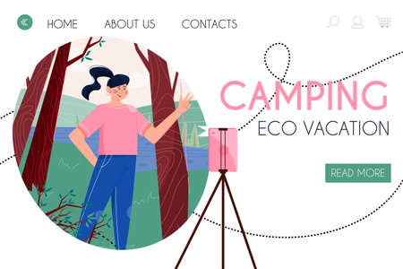 Camping, eco vacation landing page template. Woman takes pictures or make video blog in the forest vector flat cartoon illustration. Girl shooting photos and videos for social media.のイラスト素材