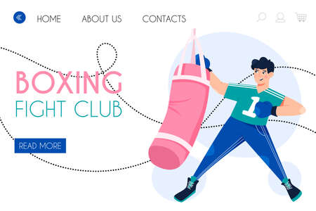 Boxing fight club website design. Man training for championship, competition vector cartoon landing page template. Boxer or kickboxer boxing, punching bag. Man in boxing gloves doing fitness workout.のイラスト素材