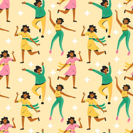 Happy dancing women seamless pattern isolated on yellow background. Smiling female characters...