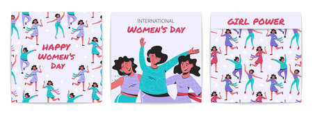 Set of three posters for international women's day. Happy smiling female characters dancing, enjoying dance party. Vector cartoon illustration.のイラスト素材