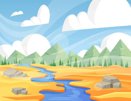 Savannah landscape. Cartoon nature desert scenery. Vector summer background. Travel and tourism concept.のイラスト素材