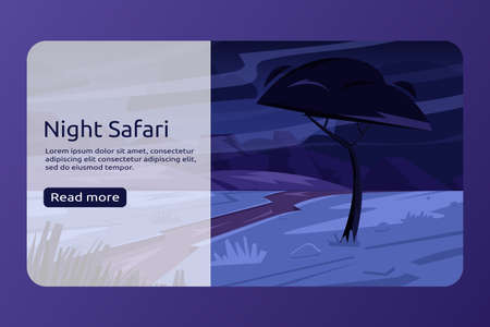 Night safari landing page template with African landscape. Cartoon vector website with moon in savannah.のイラスト素材