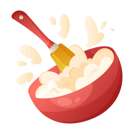 Beating cream in the bowl vector cartoon illustration. bakery design. Kitchenware, cooking utensil. Cooking process with culinary spatula.のイラスト素材