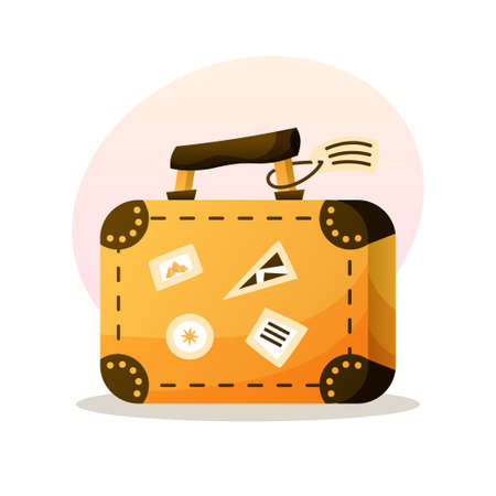Travel suitcase vector cartoon illsutration. Yellow luggage bag with stickers for summer voyage.のイラスト素材