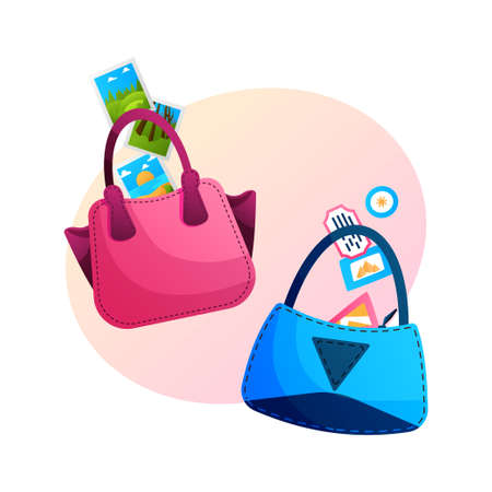 Women handbags with travel photos vector cartoon illustration.のイラスト素材