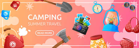 Camping promo sale banner for traveling company. Travel elements vector cartoon illustration.のイラスト素材