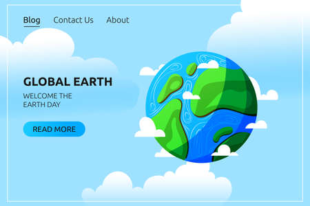Global Earth planet with clouds vector cartoon banner design. Earth or environment day poster concept.のイラスト素材